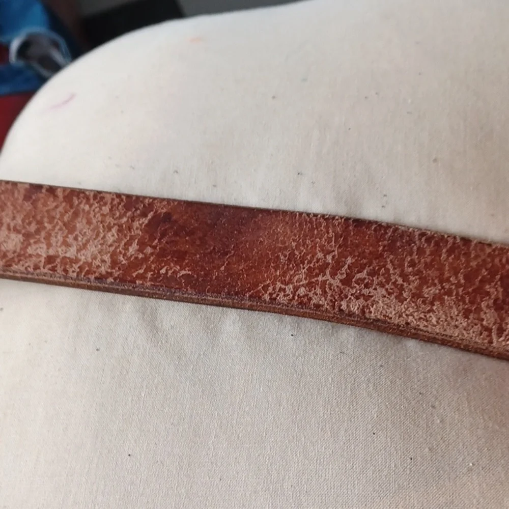 Bergamot Brass Belt Buckle 1983, Running Buck, with hand tooled leather belt, 34